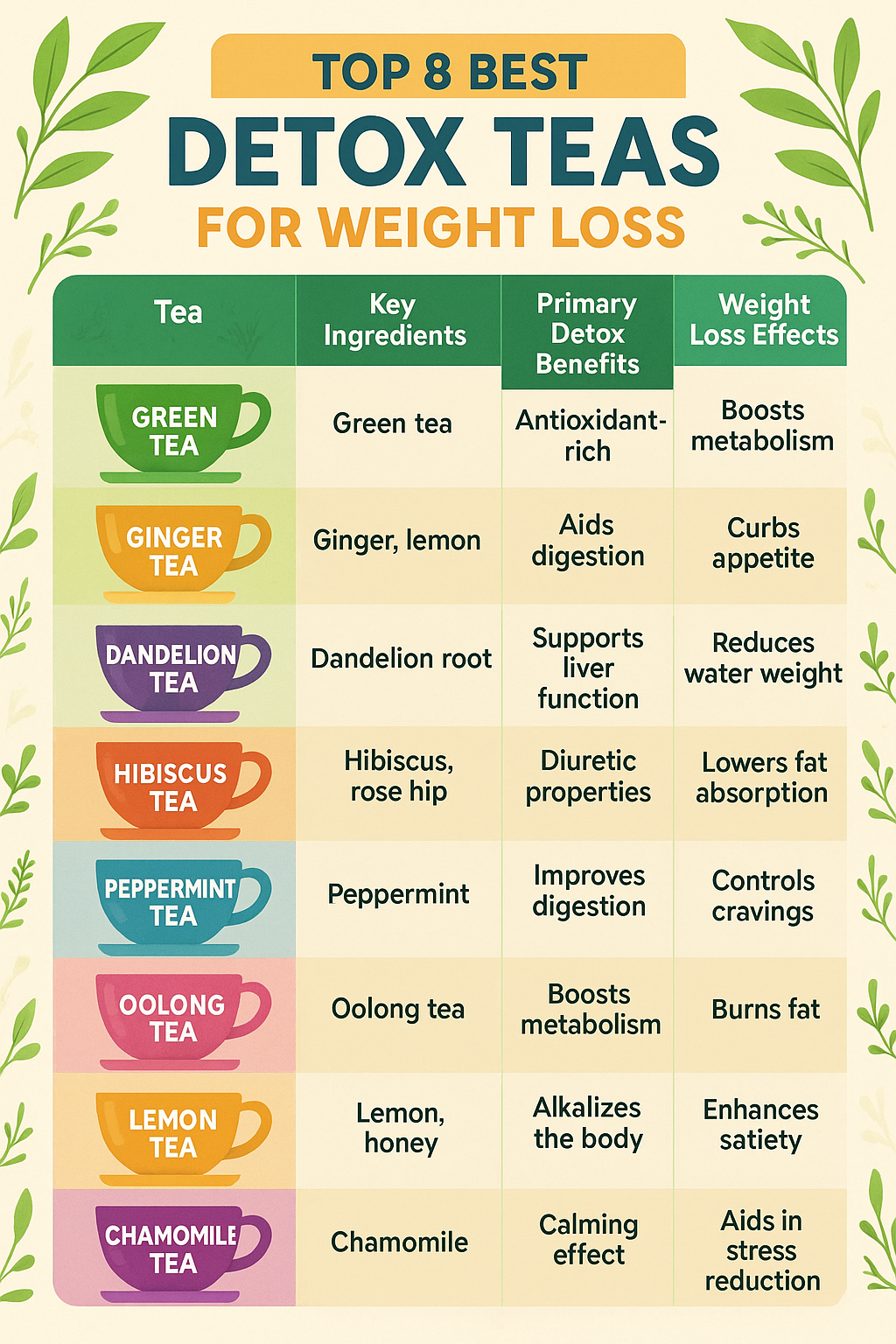 8 Best Detox Teas for Weight Loss That Really Work 3 Comparison chart showcasing the best detox teas for weight loss with ingredients and benefits