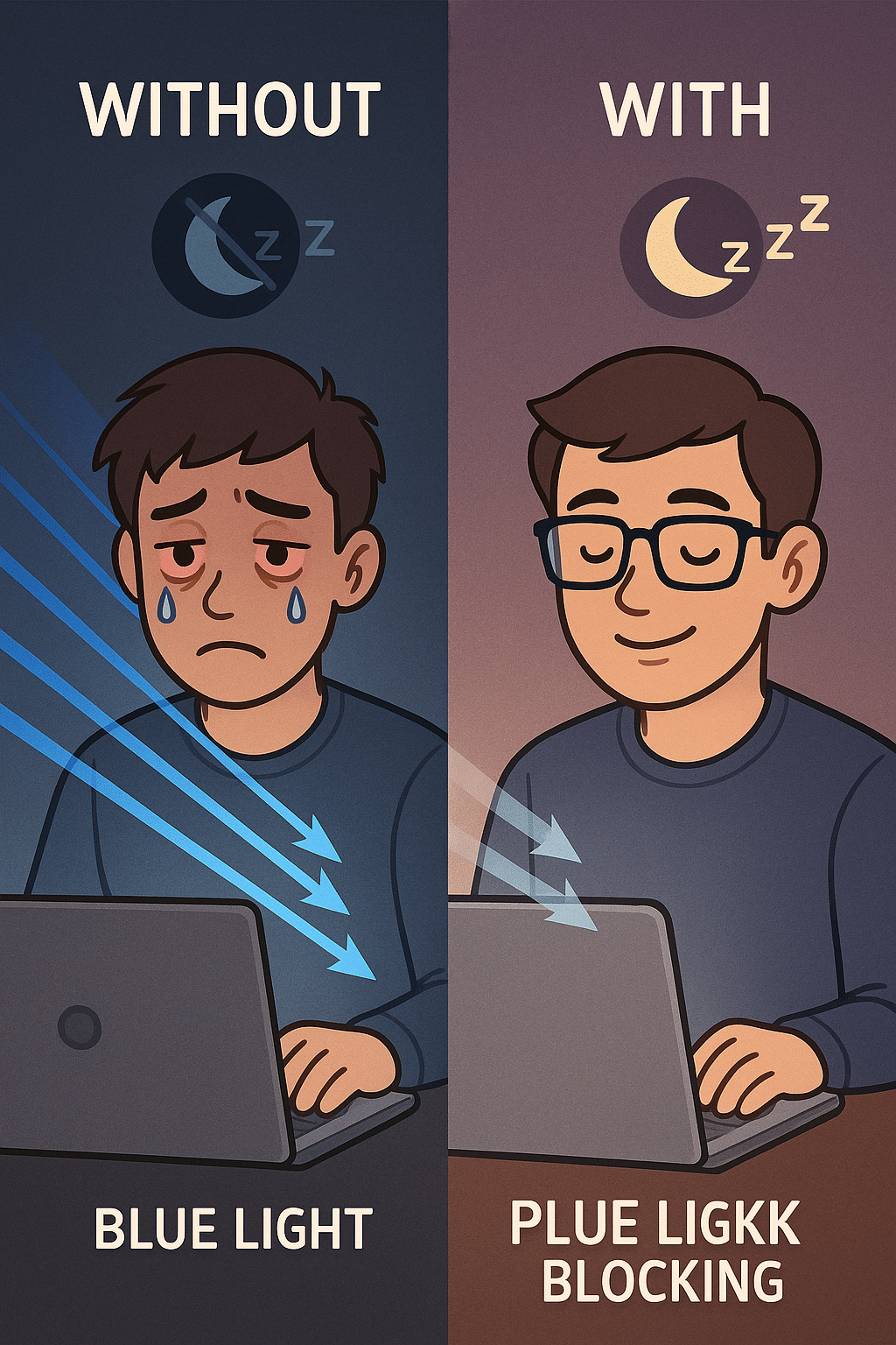 5 Powerful Blue Light Blocking Glasses Benefits for Wellness 4 Comparison diagram of blue light exposure with and without blue light blocking glasses benefits at n