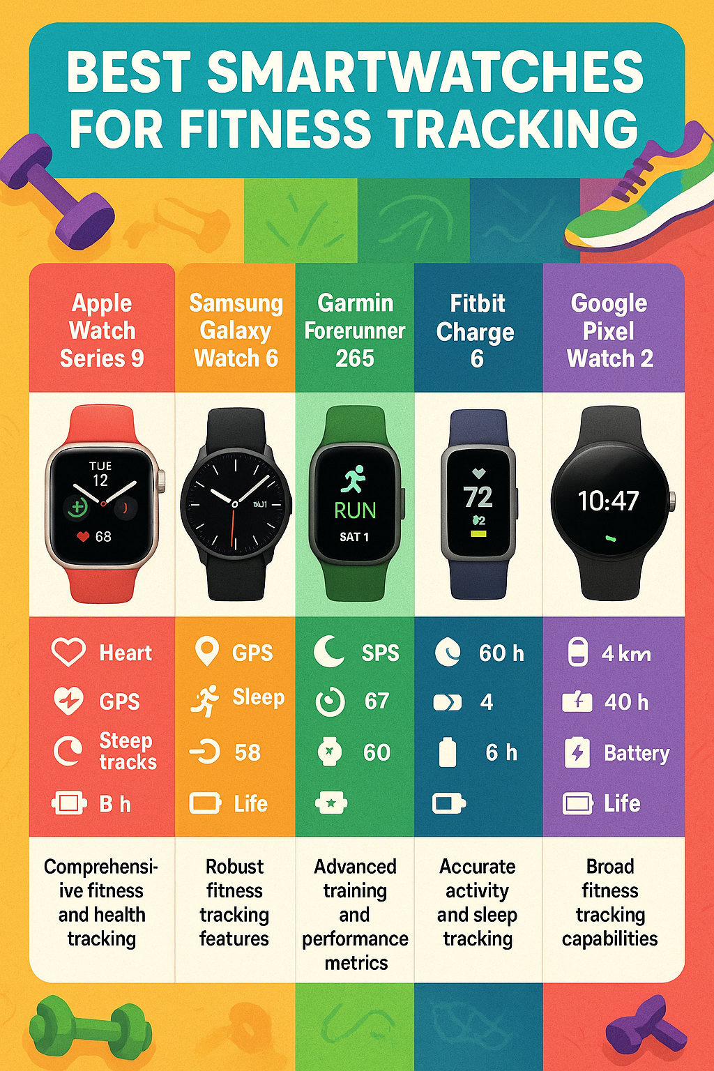 7 Best Smartwatches for Fitness Tracking to Boost Your Workouts 1 Comparison infographic of best smartwatch for fitness tracking features and benefits