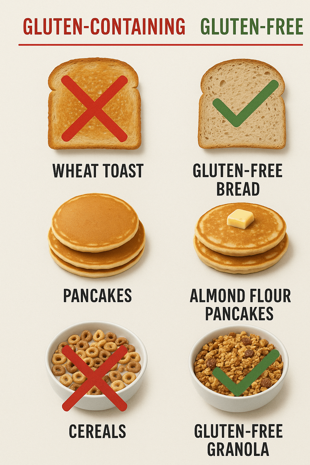 5 Easy Gluten Free Breakfast Ideas for Healthy Mornings 7 Comparison infographic of gluten vs gluten free breakfast ideas with alternatives for health conscio