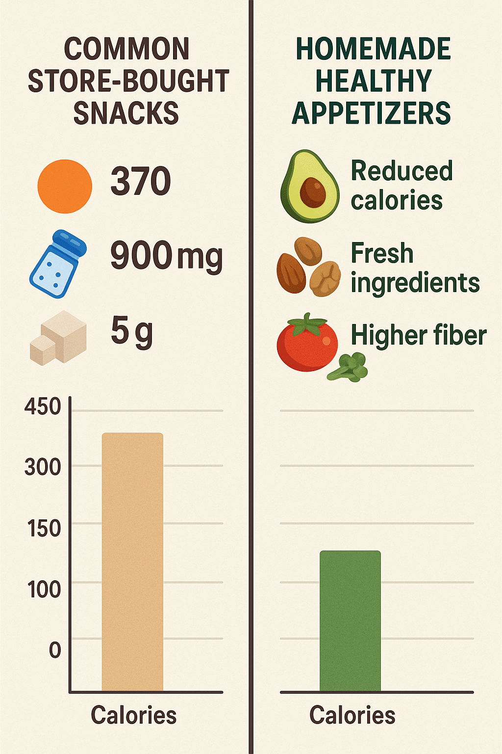 Comparison infographic of homemade healthy appetizer recipes versus processed snacks showing better