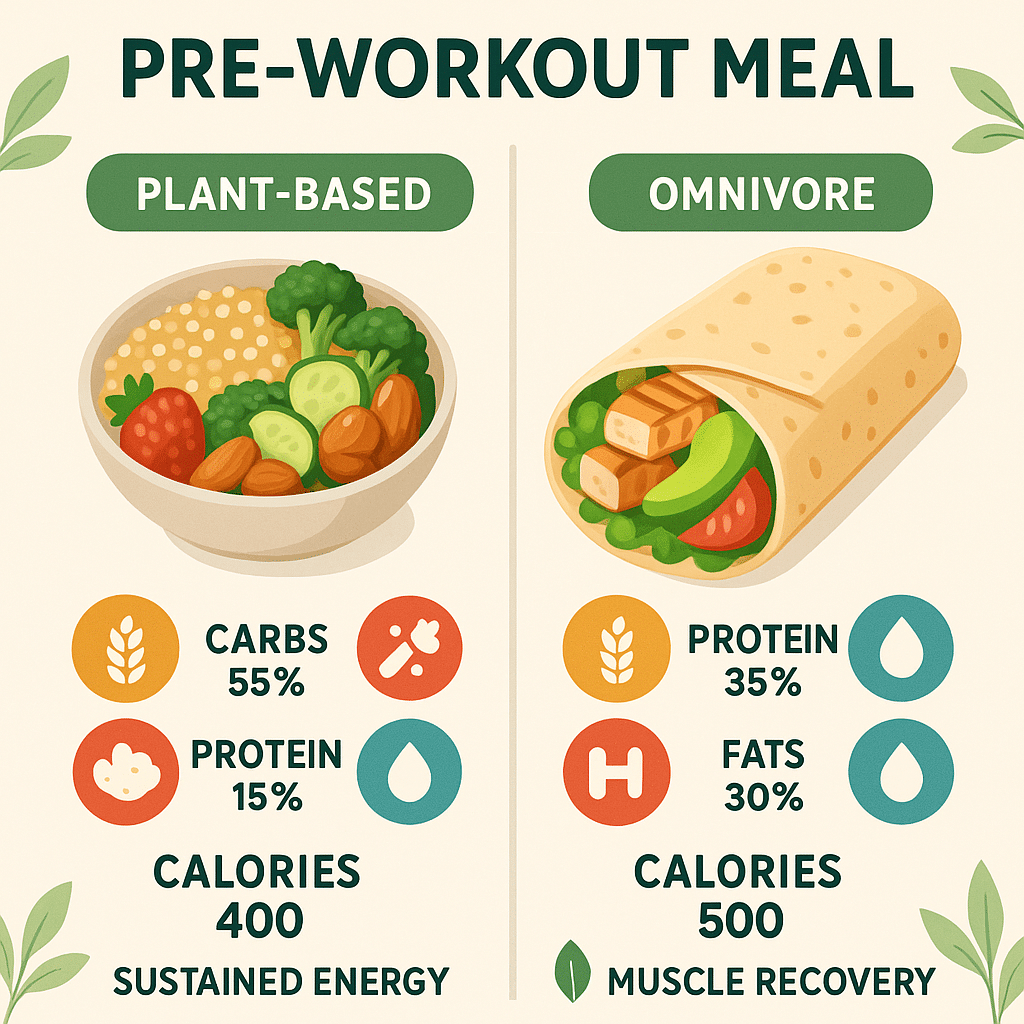 15 Energizing Pre Workout Meal Ideas for Natural Wellness 7 Comparison infographic of plant based and omnivore pre workout meal ideas highlighting nutrients and