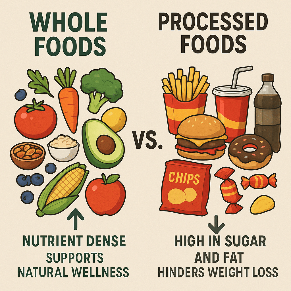 15 Best Diet Plan for Weight Loss Strategies for Natural Wellness 6 Comparison infographic of processed foods versus whole foods in the best diet plan for weight loss