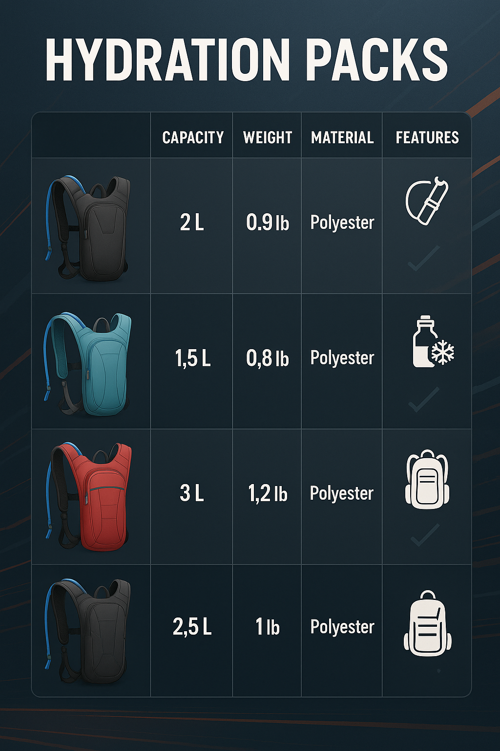 7 Best Hydration Packs for Runners to Boost Performance 3 Comparison infographic of the best hydration packs for runners featuring key features and capacities