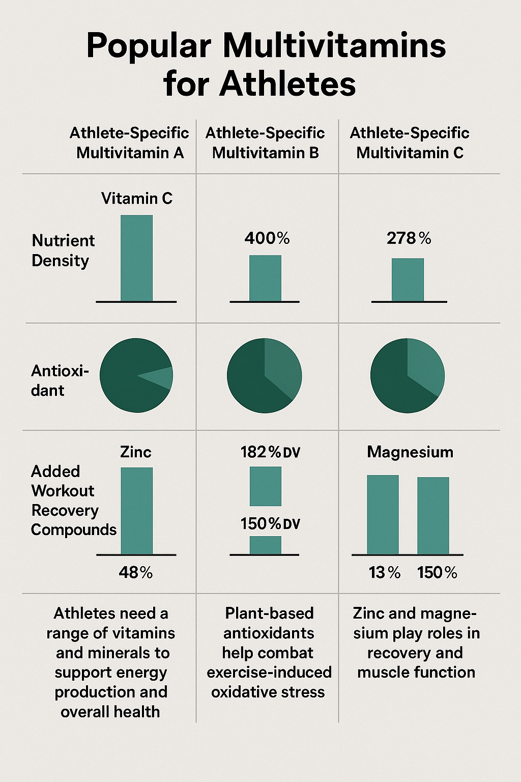 7 Best Multivitamins for Athletes to Boost Performance 6 Comparison of nutrient content in best multivitamins for athletes highlighting key ingredients