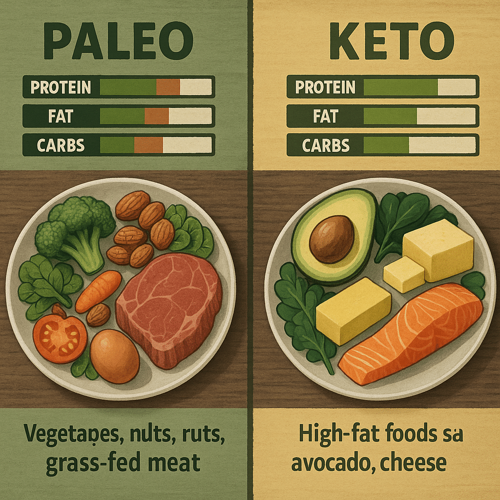 13 Key Differences of Paleo Diet vs Keto Diet for Natural Wellness 3 Comparison of paleo diet vs keto diet meals with macronutrient breakdown showing natural wellness fo