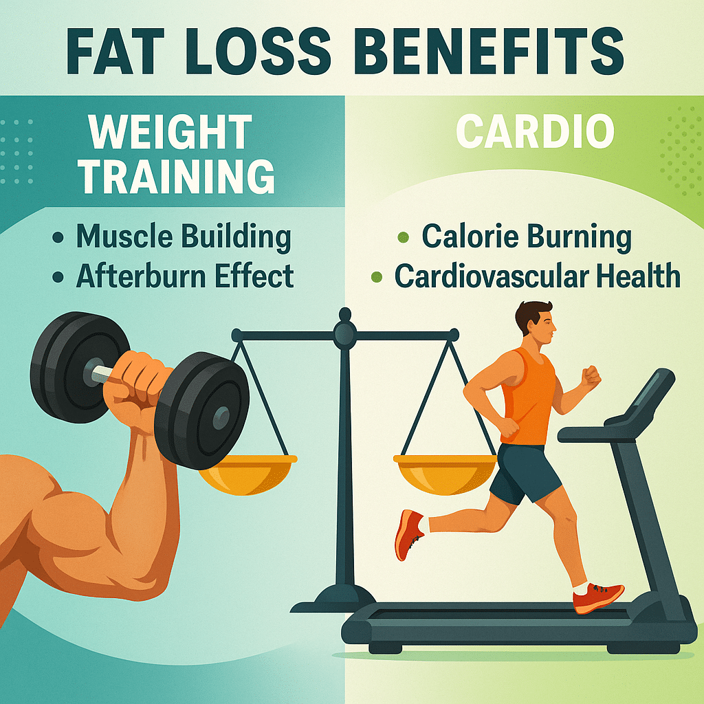 Weight Training vs Cardio for Fat Loss: 12 Key Insights for Natural Wellness 3 Comparison of weight training vs cardio for fat loss showing muscle building and calorie burning ben