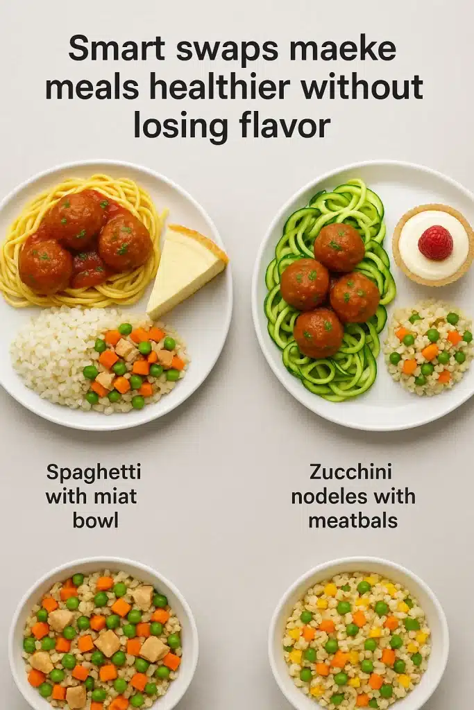 Comparison plate showing traditional carb heavy meals next to low carb healthy recipes with smart swaps like zucchini noodles and cauliflower rice