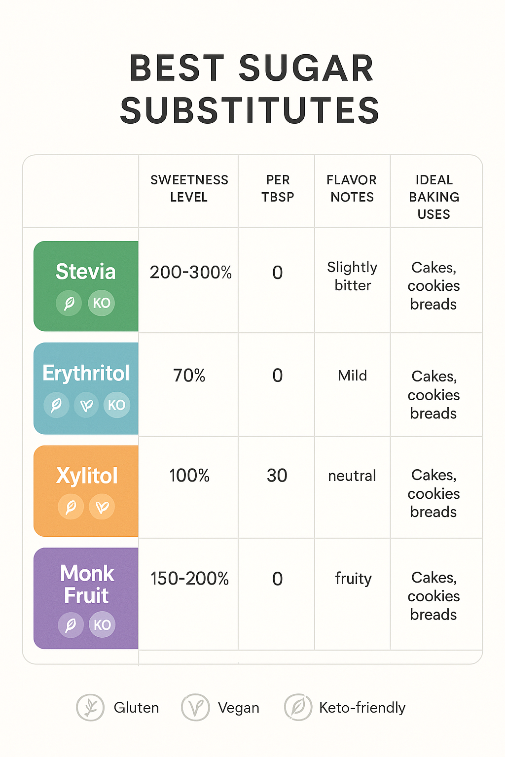 8 Best Sugar Substitutes for Baking: Healthy & Delicious Choices 4 Comparison table highlighting the best sugar substitutes for baking with nutrition and baking tips