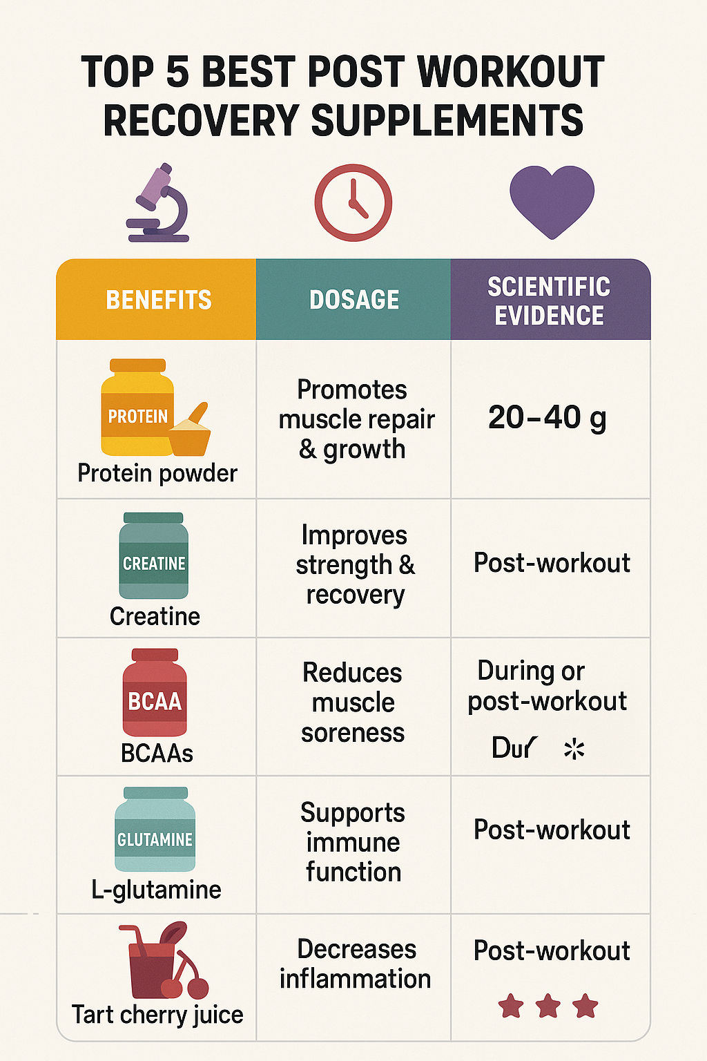 7 Best Post Workout Recovery Supplements for Faster Muscle Repair 6 Comparison table of best post workout recovery supplements with benefits and dosage info