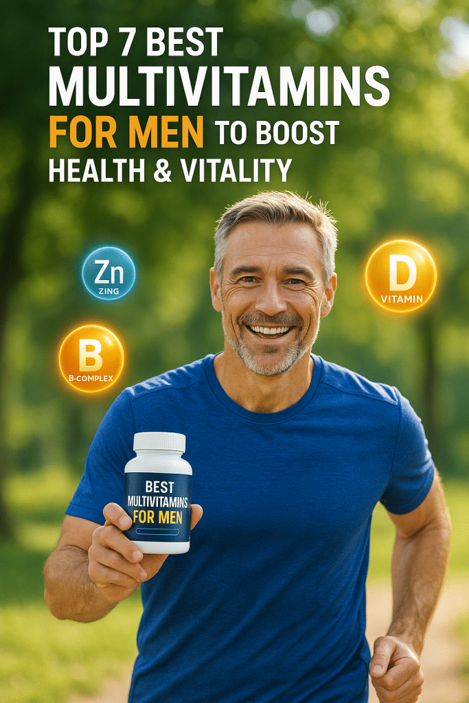 Top 7 Best Multivitamins for Men to Boost Health & Vitality 2 Cover image showing a healthy man with best multivitamins for men and vitamin icons illustrating vitality.