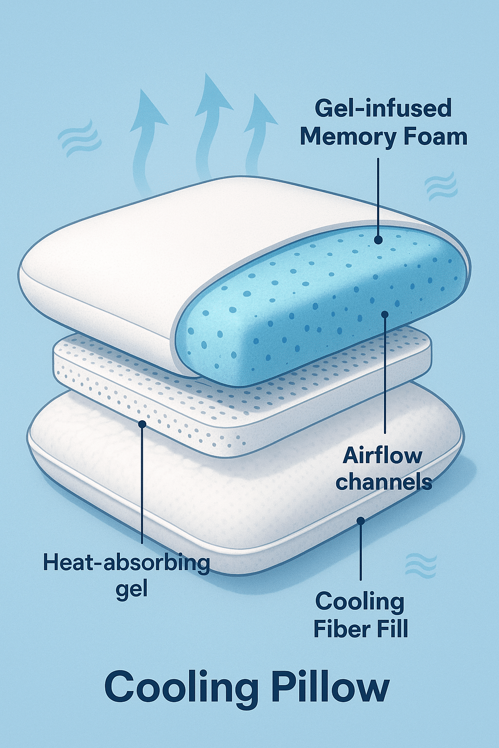 5 Best Cooling Pillows for Night Sweats to Sleep Cool & Calm 3 Cross section infographic of best cooling pillows for night sweats explaining cooling layers and air