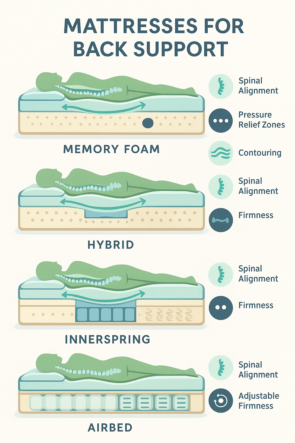 7 Best Mattresses for Back Support: Ultimate Comfort Guide 3 Cross section infographic of best mattresses for back support with types and spinal alignment benefi
