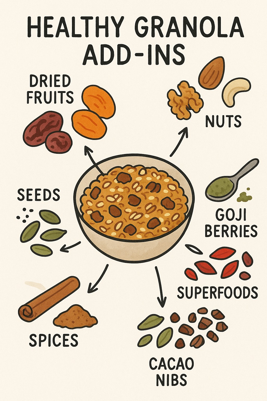 7 Easy Healthy Granola Recipes for Nutritious Homemade Snacks 7 Customizable add ins for a healthy granola recipe shown around a granola bowl