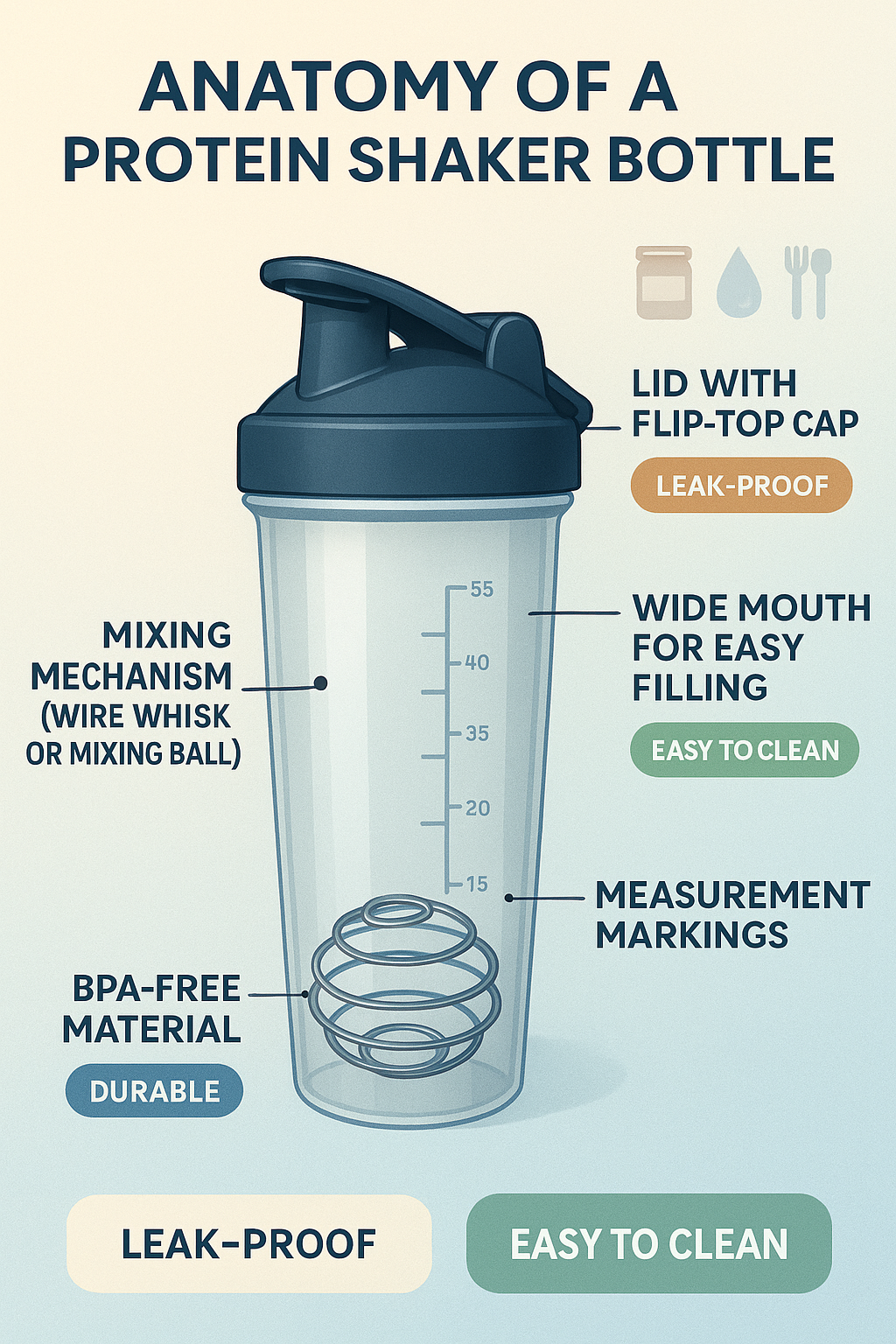 8 Best Protein Shaker Bottles for Smooth, Clump-Free Nutrition 3 Detailed anatomy of the best protein shaker bottles highlighting mixing ball leak proof lid and me