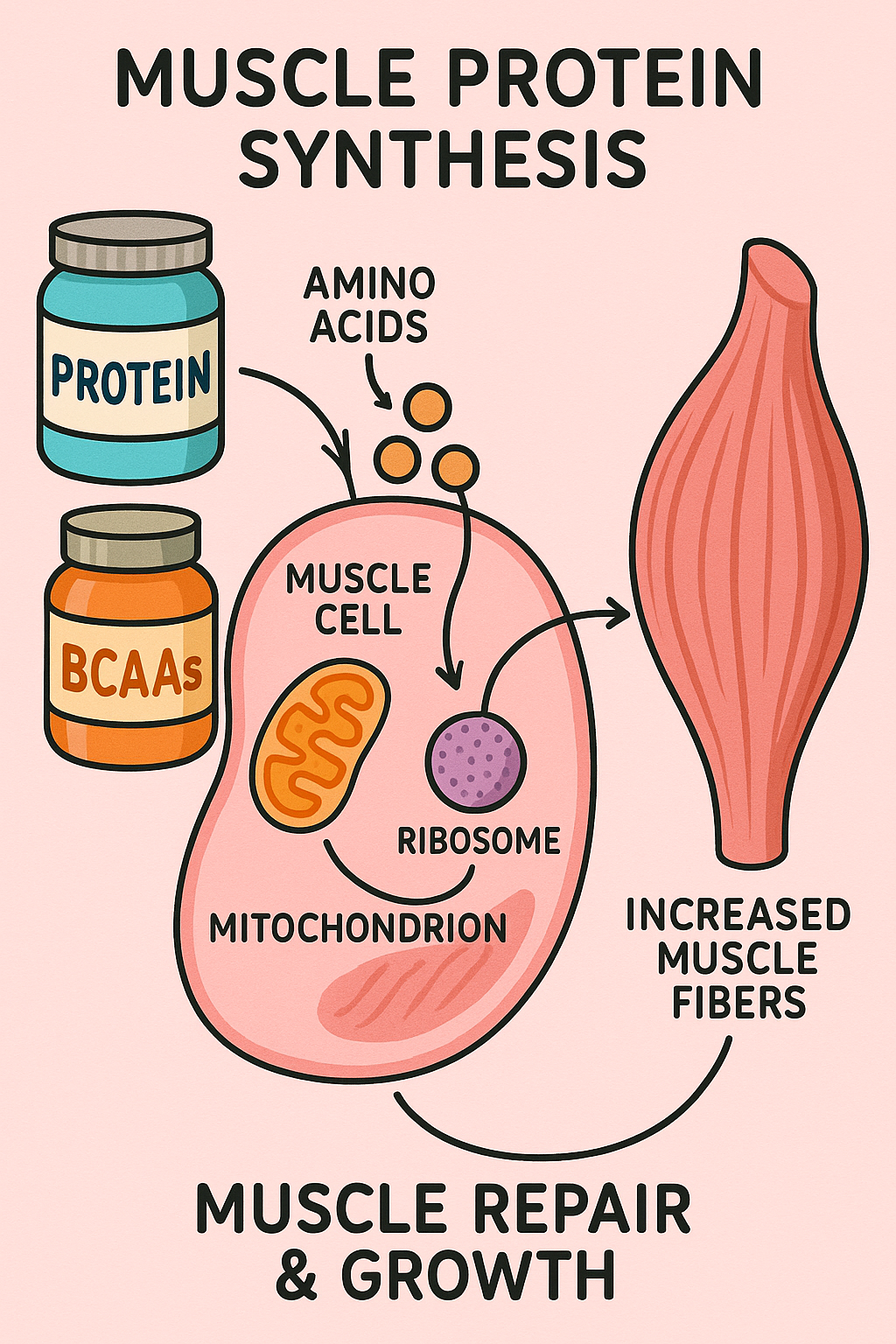 7 Best Supplements for Muscle Growth: Natural & Effective 4 Diagram explaining muscle protein synthesis enhanced by best supplements for muscle growth