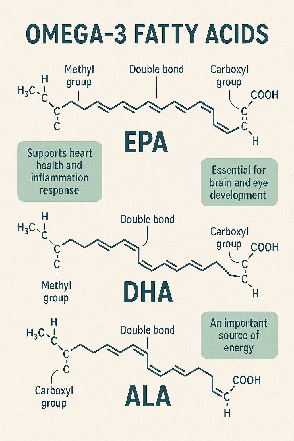 7 Best Omega 3 Supplements for Optimal Health and Wellness 4 Diagram of EPA DHA and ALA structures showing best omega 3 supplements benefits