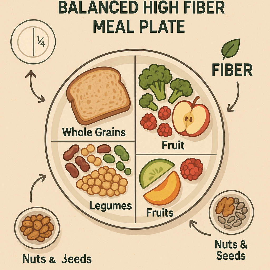 Diagram of a balanced high fiber healthy meal plate for natural wellness