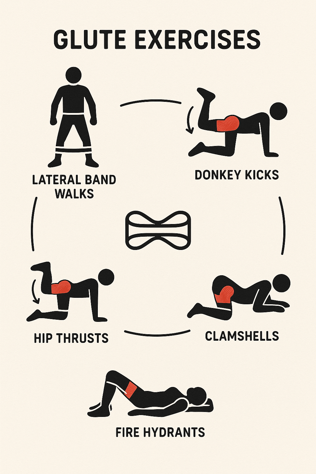 5 Powerful Resistance Band Workouts for Glutes 4 Diagram of five resistance band workouts for glutes with movement arrows and muscle focus