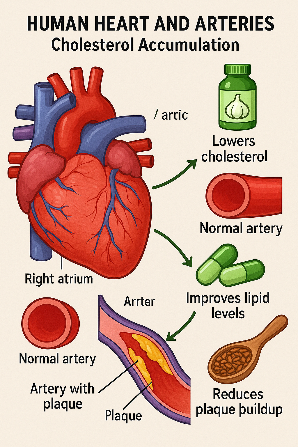 8 Best Cholesterol Lowering Supplements for Balanced Heart Health 5 Diagram of heart and arteries showing how best cholesterol lowering supplements help reduce plaque b