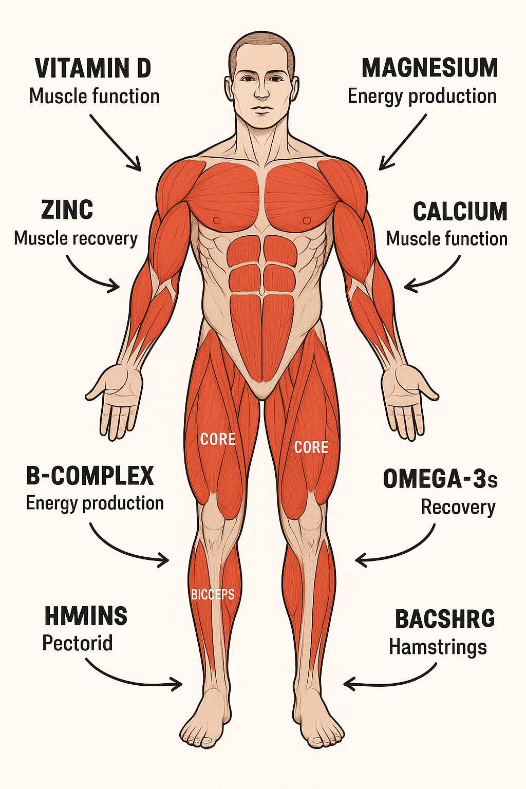 7 Best Multivitamins for Athletes to Boost Performance 4 Diagram of muscle groups aided by best multivitamins for athletes and their key nutrients