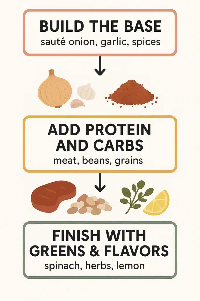 15 Best One Pot Healthy Recipes Women Will Love 4 Diagram of step by step cooking process for one pot healthy recipes showing base protein and finish