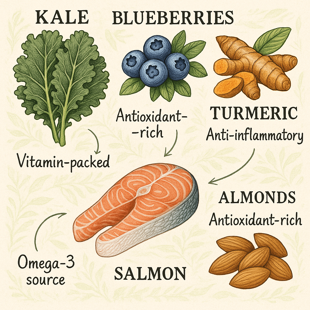 Diagram of superfoods and their natural health benefits for health and wellness tips