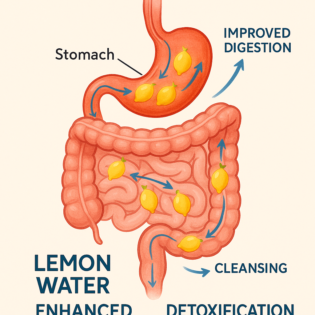 Diagram showing digestive benefits from drinking lemon water