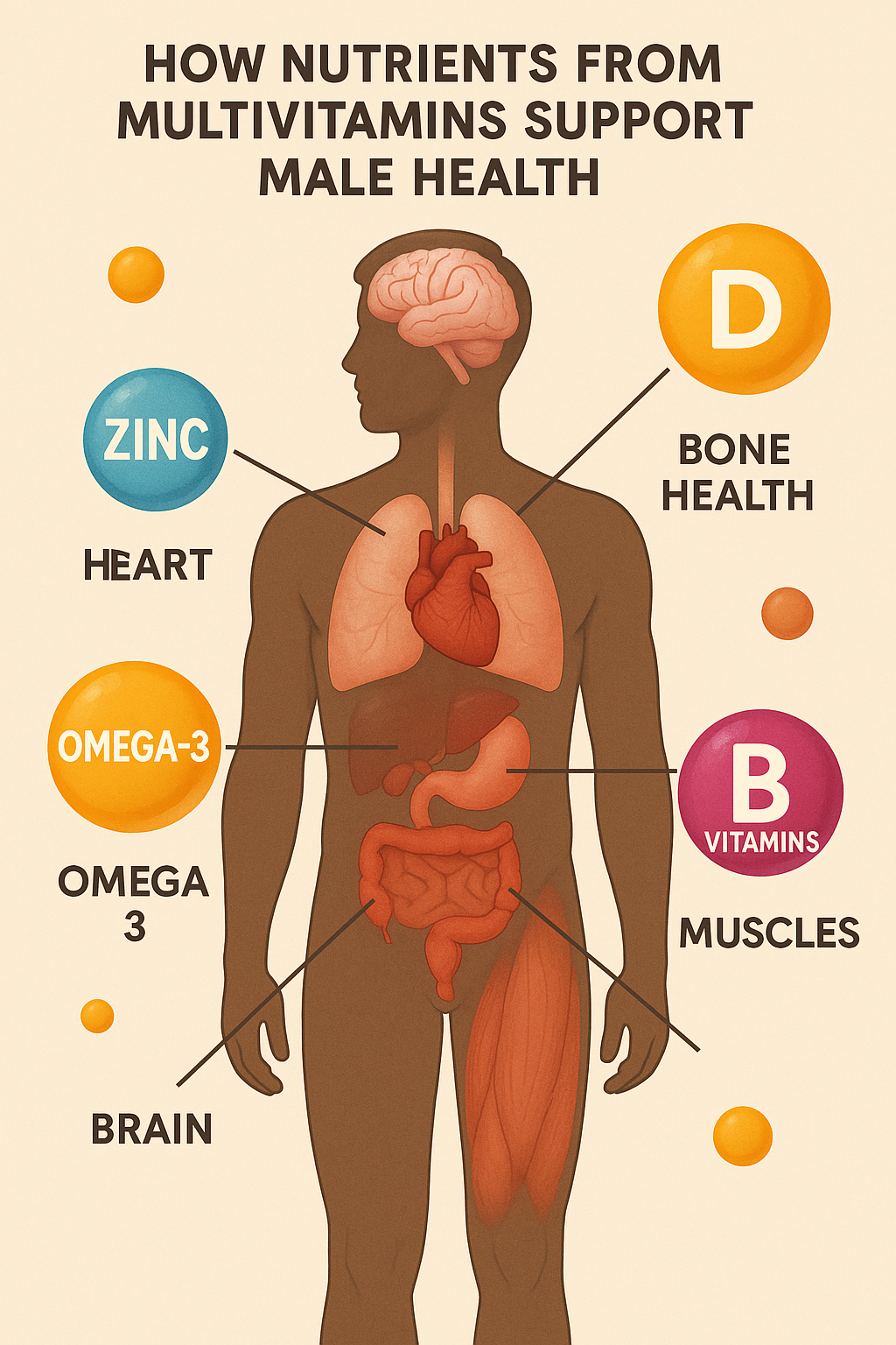 Top 7 Best Multivitamins for Men to Boost Health & Vitality 6 Diagram showing how best multivitamins for men support heart prostate muscles and brain health