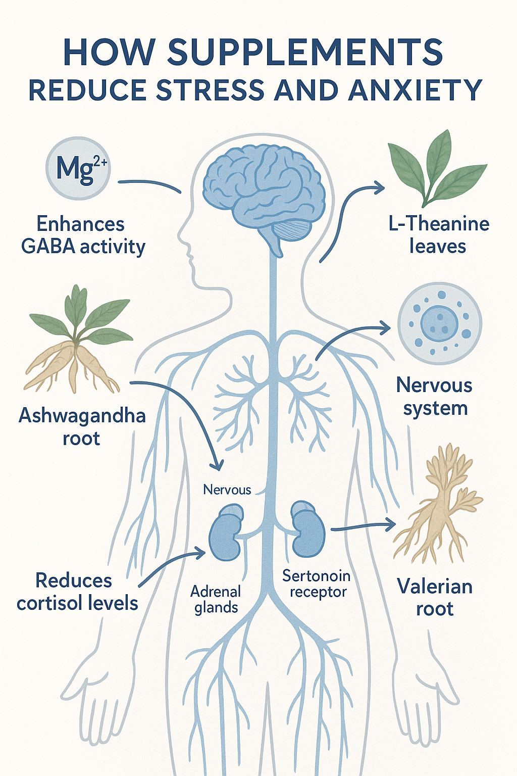 10 Best Supplements for Stress and Anxiety Relief 4 Diagram showing how best supplements for stress and anxiety affect the nervous system and brain