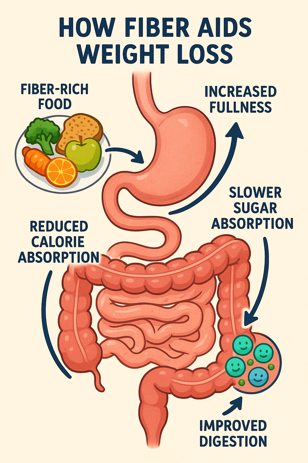 5 Powerful Fiber Rich Foods for Weight Loss You Must Try 4 Diagram showing how fiber rich foods for weight loss work inside the digestive system
