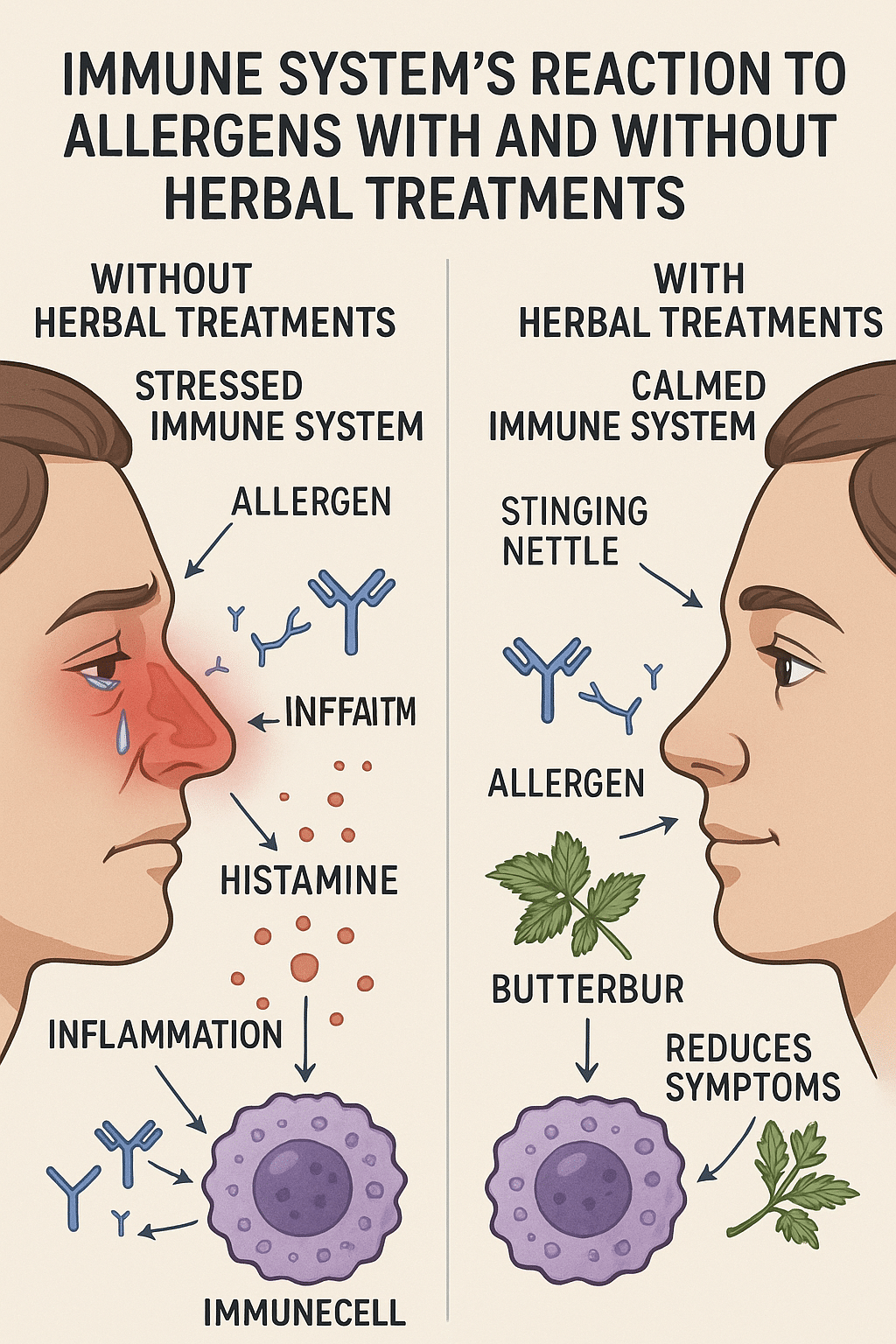 5 Powerful Herbal Remedies for Seasonal Allergies Relief 4 Diagram showing immune response with and without herbal remedies for seasonal allergies relief