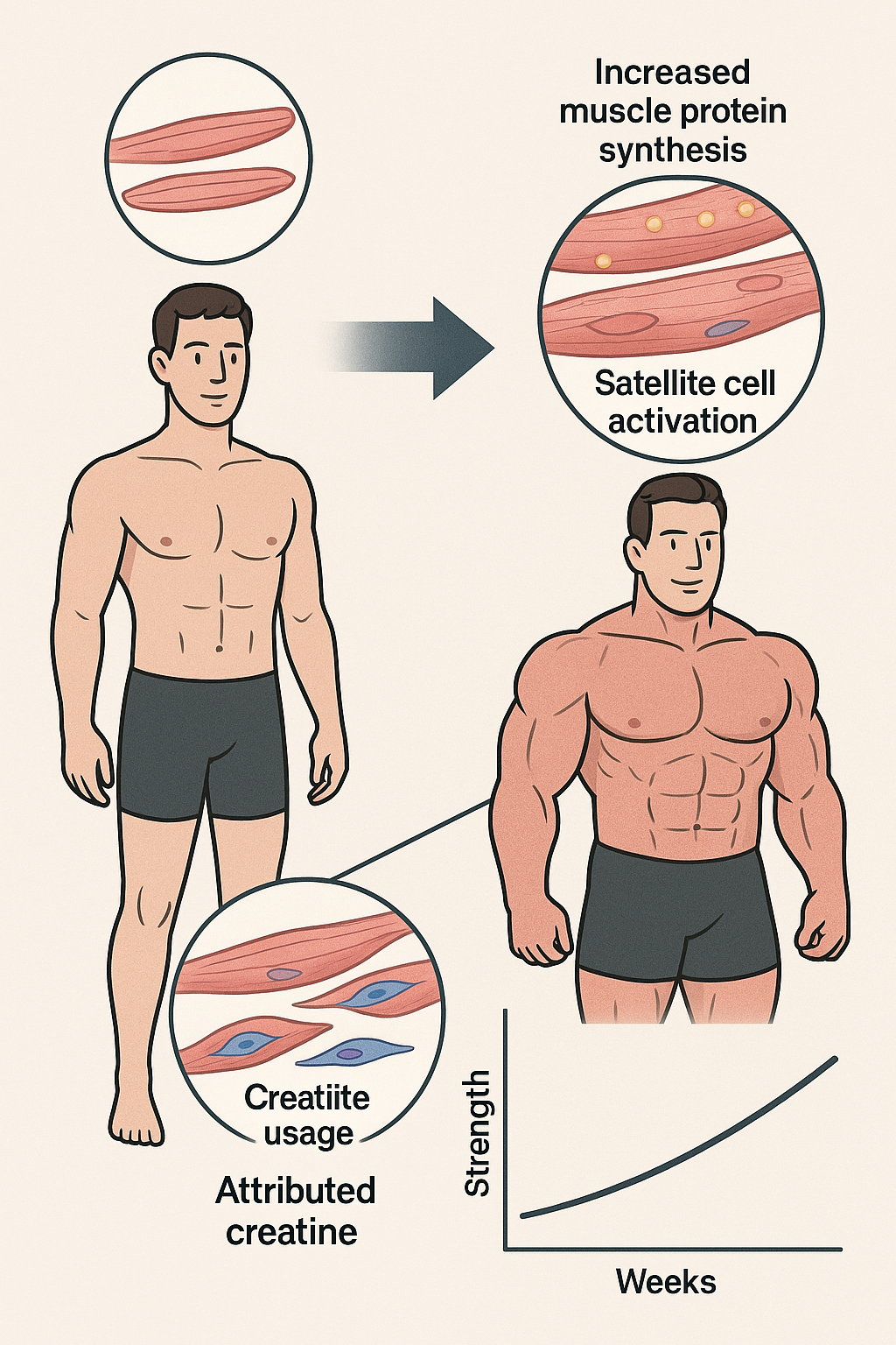 Top 7 Best Creatine for Muscle Growth: Boost Your Gains 6 Diagram showing muscle growth progress when using the best creatine for muscle growth supplements