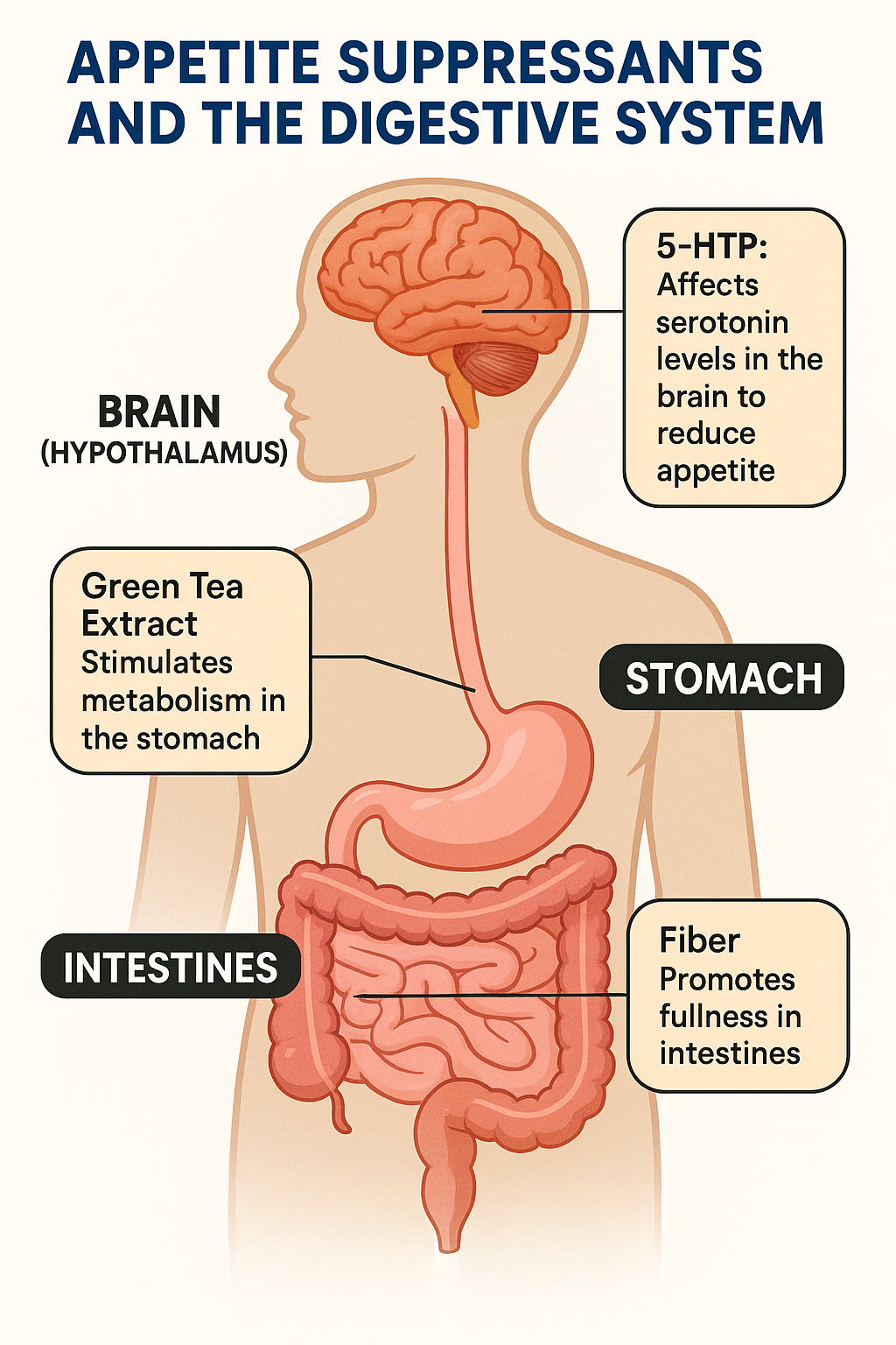 8 Best Appetite Suppressant Supplements for Effective Hunger Control 4 Digestive system diagram showing how best appetite suppressant supplements reduce hunger and promote