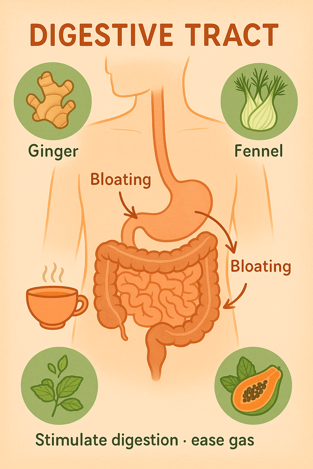 Digestive system diagram showing how foods reduce bloating quickly in stomach and intestines