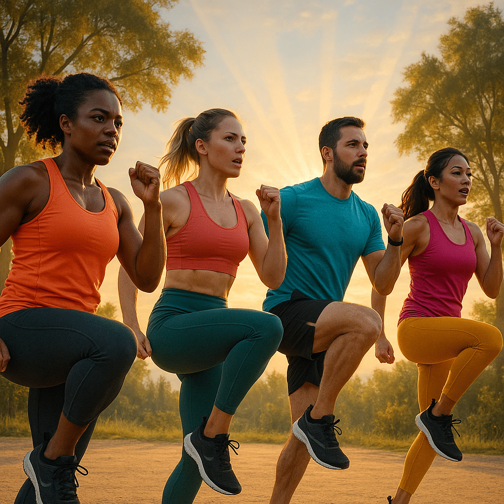 12 Powerful HIIT Workouts for Fat Burning Success 7 Diverse adults performing energetic HIIT workouts for fat burning outdoors at sunrise