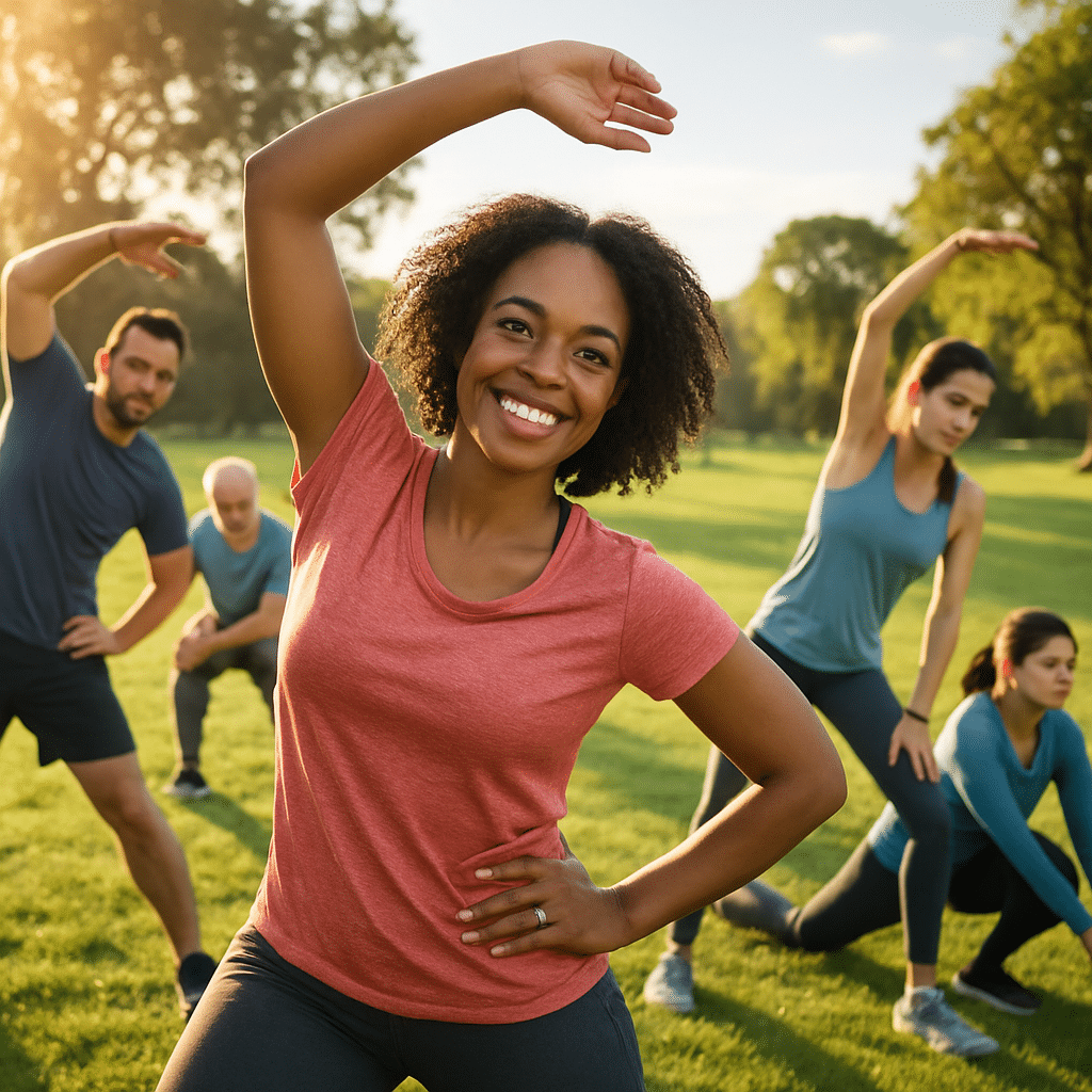 15 Powerful Stretching Exercises for Flexibility Every Adult Should Try 1 Diverse adults performing stretching exercises for flexibility outdoors promoting natural wellness.