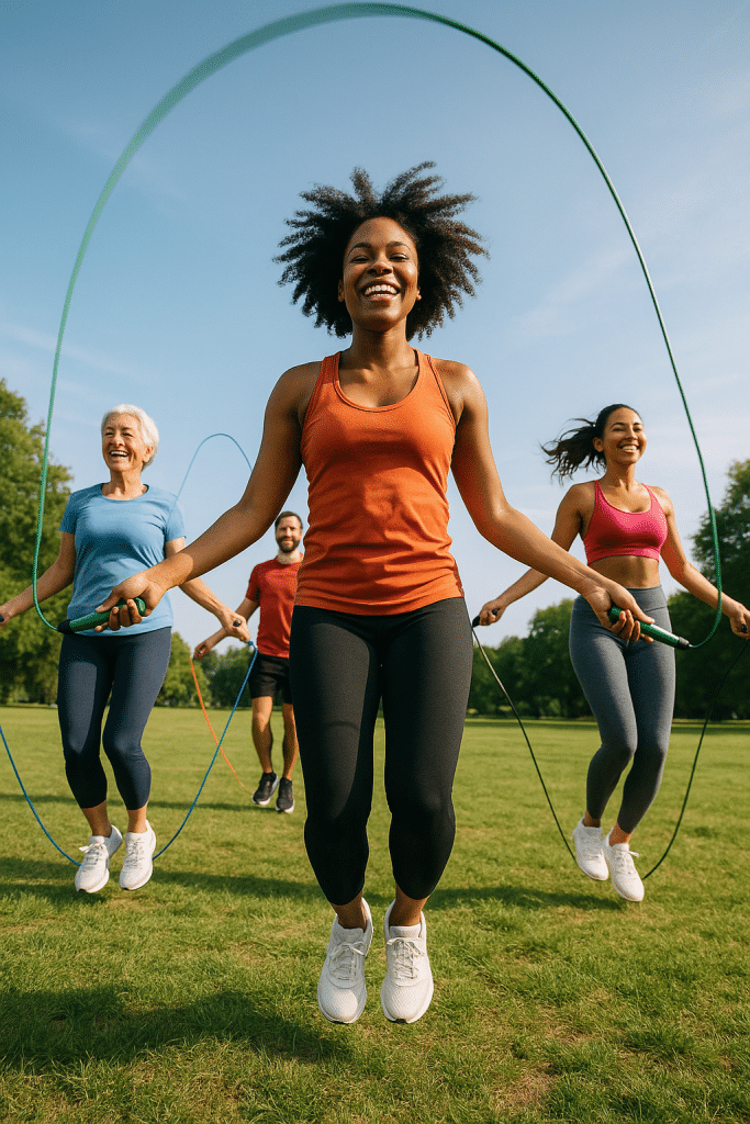 5 Best Jump Ropes for Beginners to Boost Your Fitness 2 Diverse fitness enthusiasts using the best jump ropes for beginners in an energetic outdoor workout