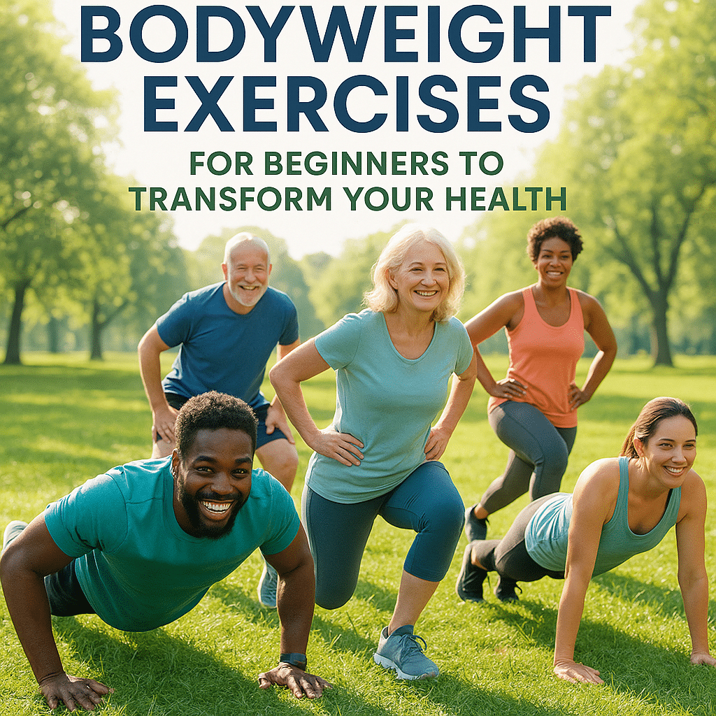 15 Powerful Bodyweight Exercises for Beginners to Transform Your Health 7 Diverse group doing bodyweight exercises for beginners outdoors promoting natural wellness and health.