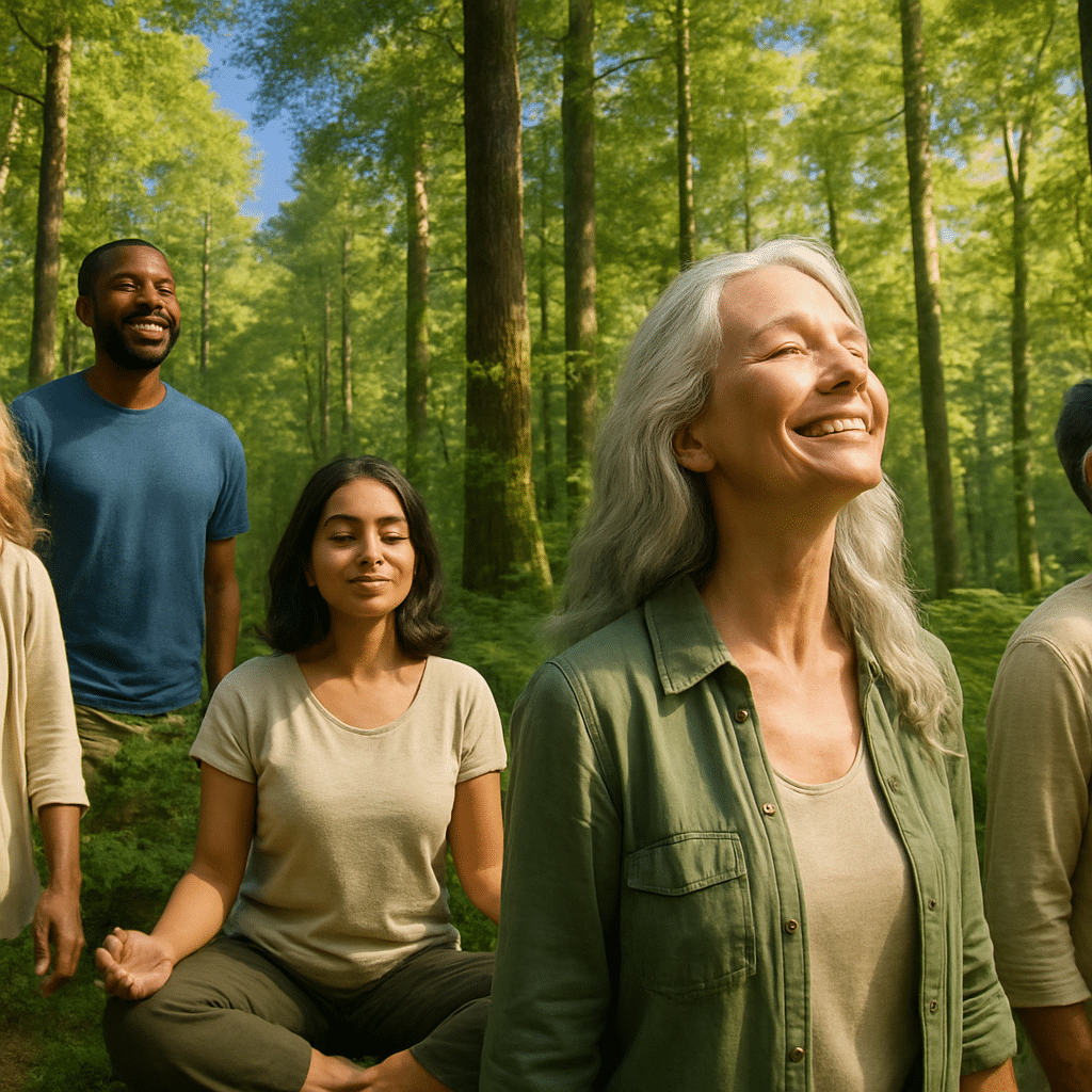 13 Amazing Benefits of Forest Bathing for Natural Wellness 2 Diverse group enjoying the benefits of forest bathing in a lush green forest.