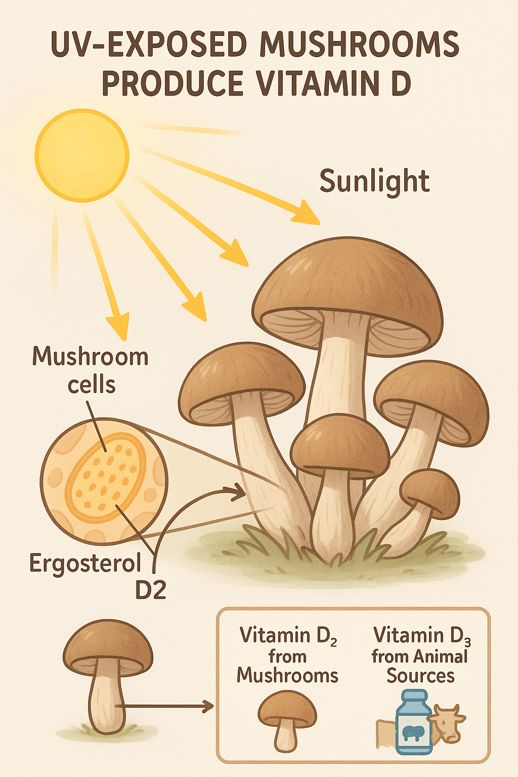6 Powerful Vitamin D Foods for Vegetarians to Boost Health 4 Educational diagram showing UV exposed mushrooms as vitamin D foods for vegetarians