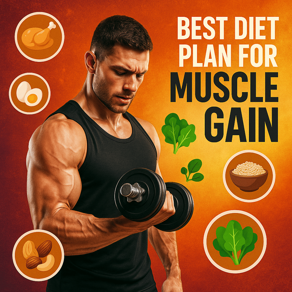 15 Essential Steps for the Best Diet Plan for Muscle Gain 3 Featured image showing a fit adult lifting weights with healthy foods representing the best diet plan for muscle gain.