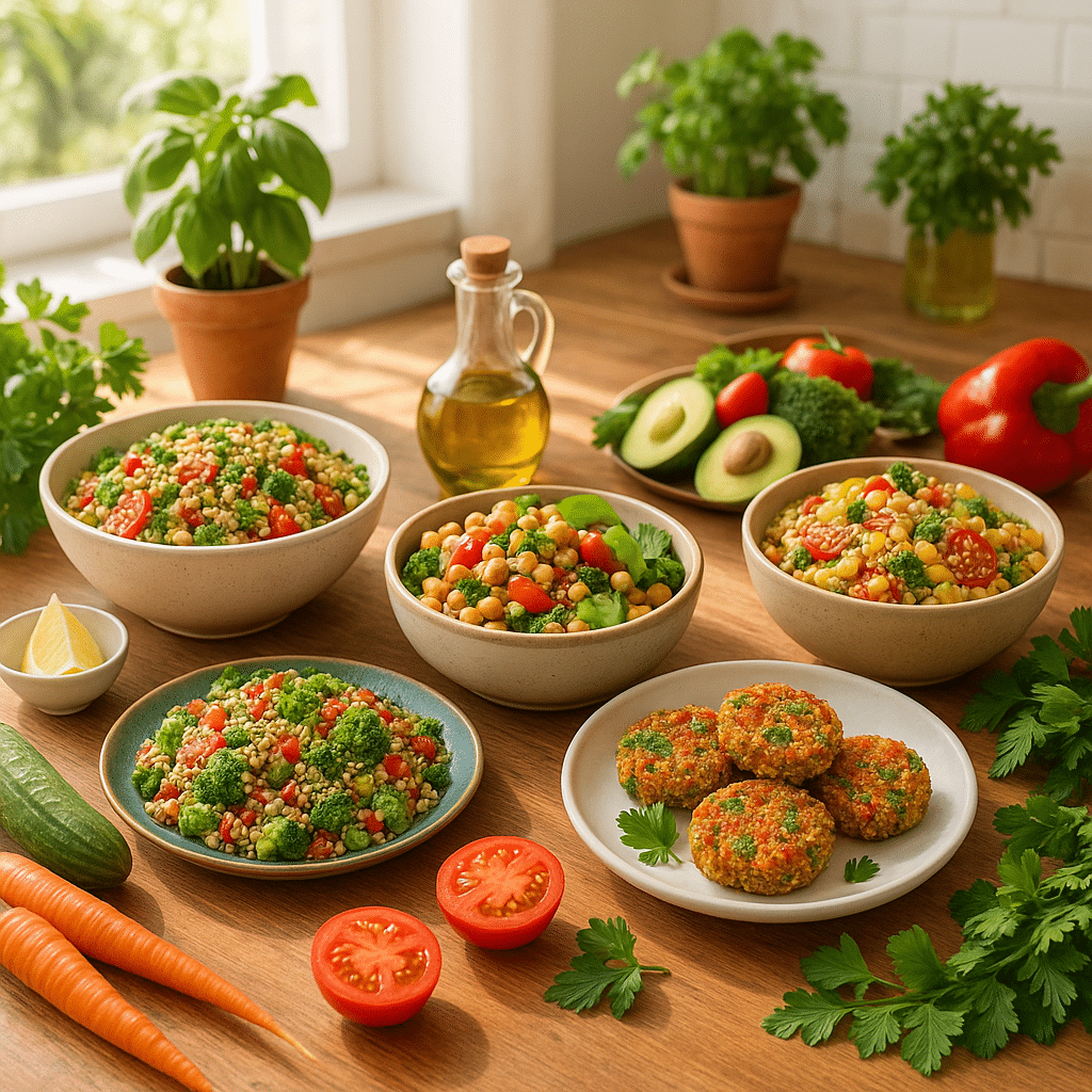 15 Delicious Healthy Recipes with Quinoa for Natural Wellness 9 Featured image showing an array of colorful healthy recipes with quinoa on a wooden table in a bright kitchen.