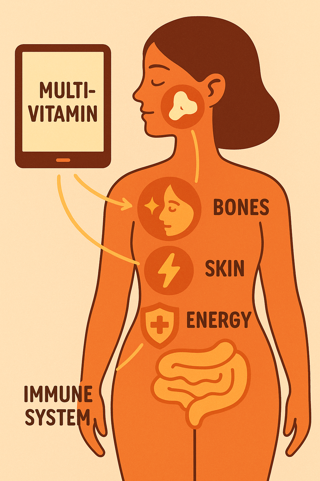 7 Best Multivitamins for Women to Boost Health & Energy 5 Female body diagram showing key benefits of best multivitamins for women on bones skin and energy