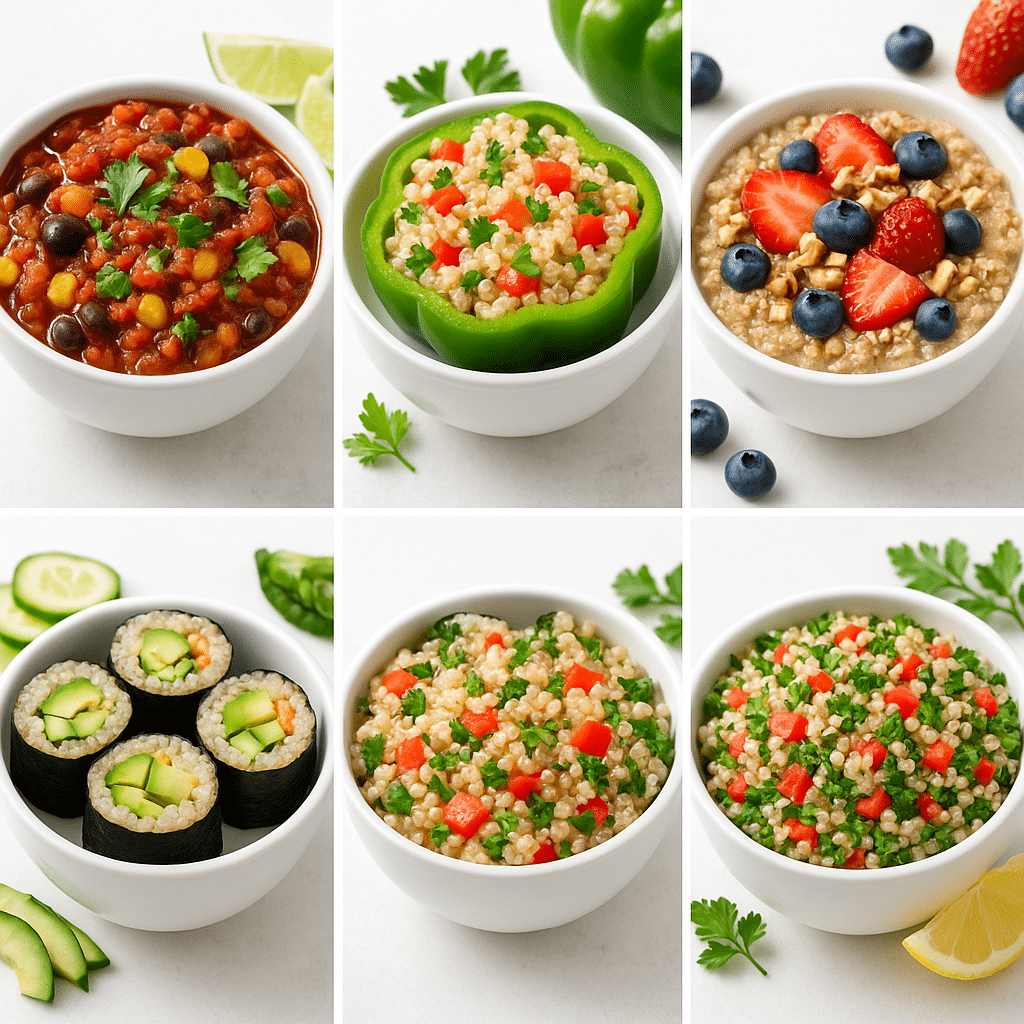 Five different healthy recipes with quinoa displayed in small bowls on a white surface
