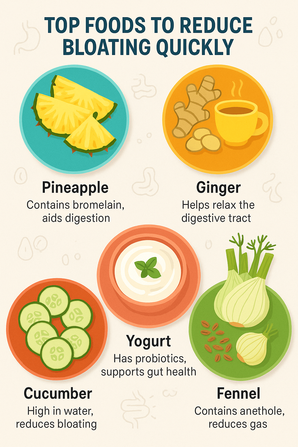 Five foods to reduce bloating quickly with pineapple ginger cucumber yogurt and fennel illustrat