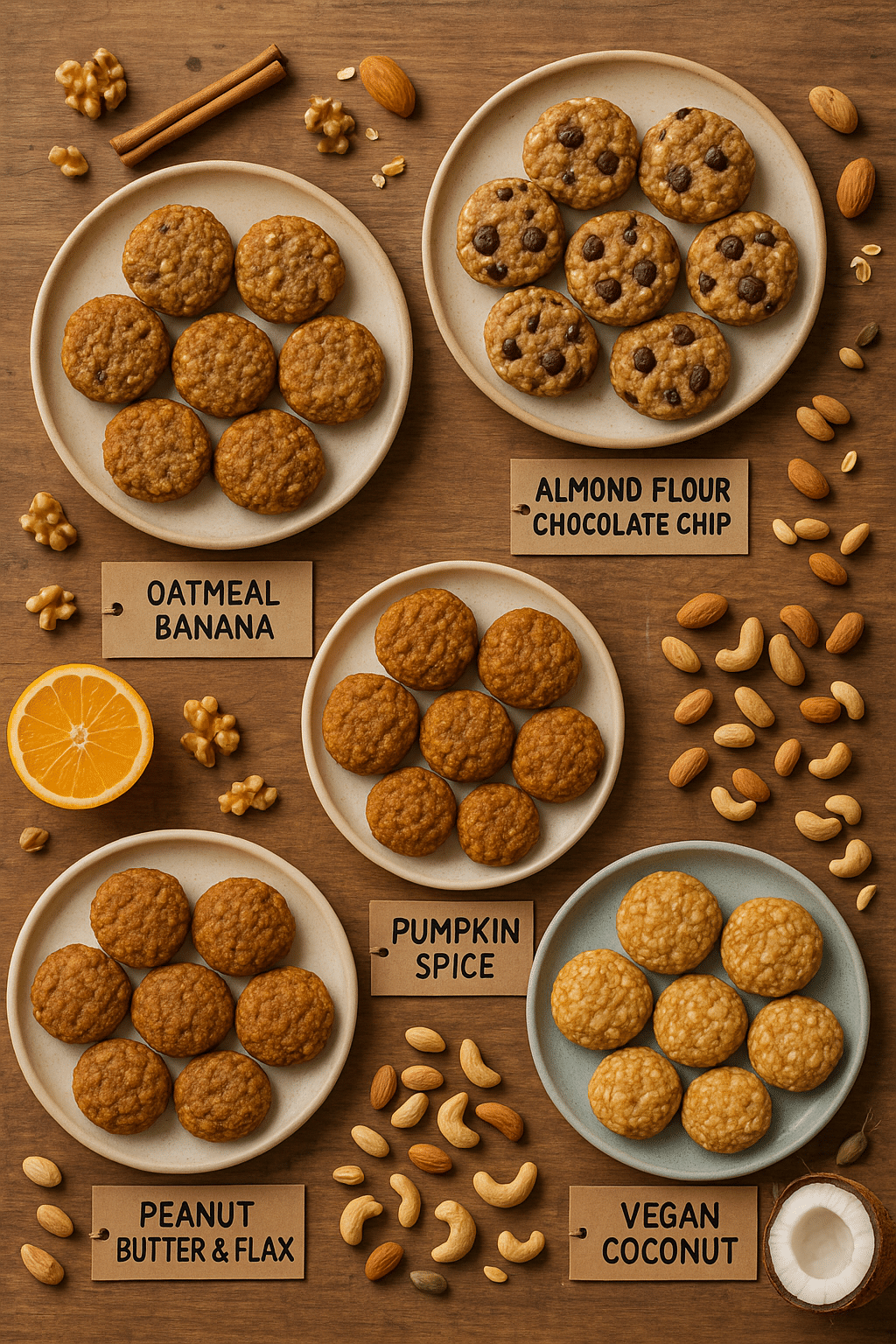 7 Easy & Healthy Cookies Recipes for Nutritious Home Baking 3 Five varieties of healthy cookies recipes arranged with natural ingredients on a wooden table