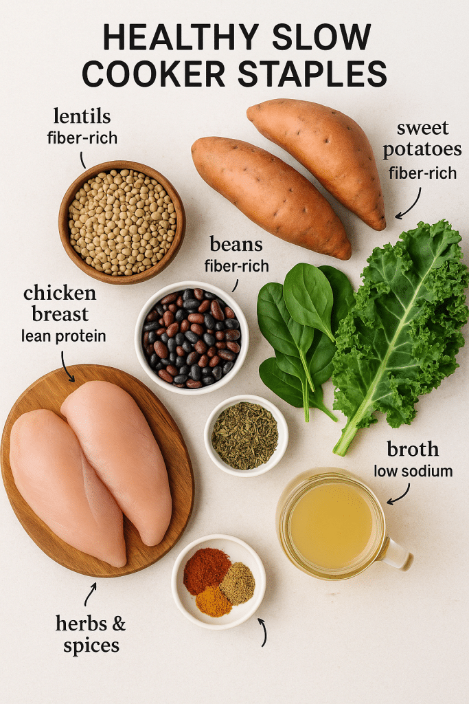 15 Healthy Slow Cooker Recipes Women Will Love 4 Flat lay of healthy slow cooker ingredients including chicken beans lentils vegetables and spices for nutritious meals