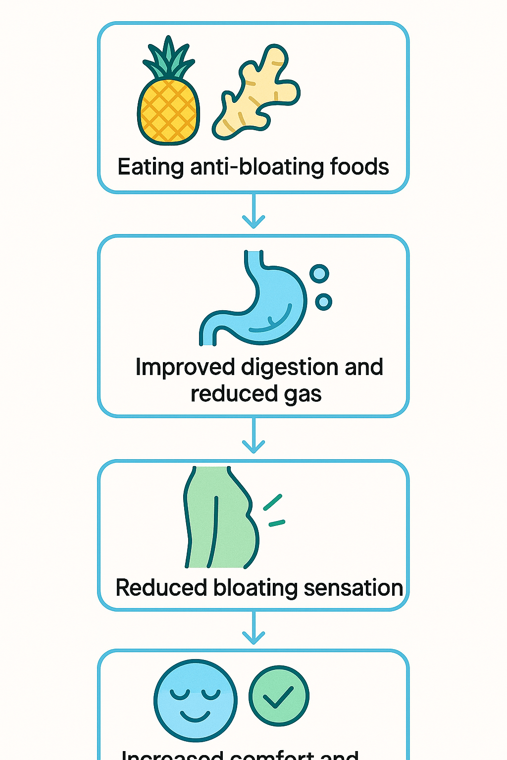 Flowchart showing how foods reduce bloating quickly by improving digestion and lowering gas