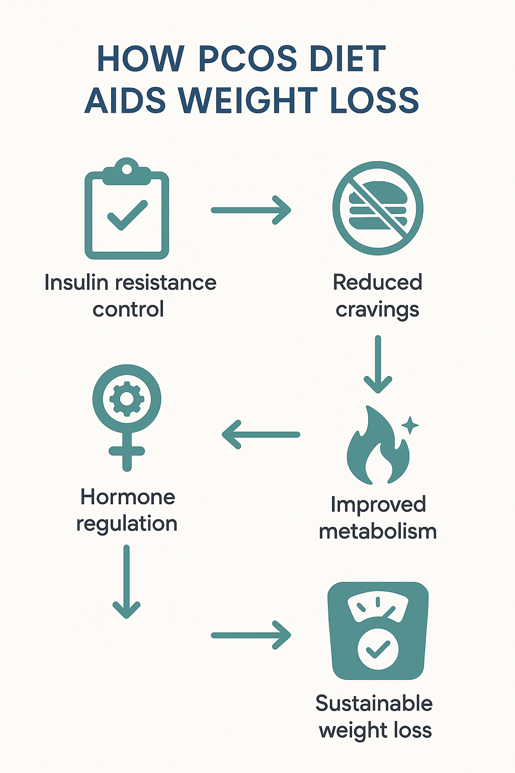 5 Effective PCOS Diet Plan Tips for Lasting Weight Loss 4 Flowchart showing the pcos diet plan for weight loss process from insulin control to weight loss